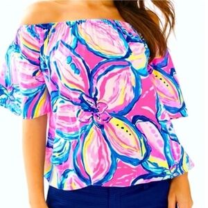 Lilly Pulitzer Pink Sunset Sun Side  Off The Shoulder Lightweight Top, size S